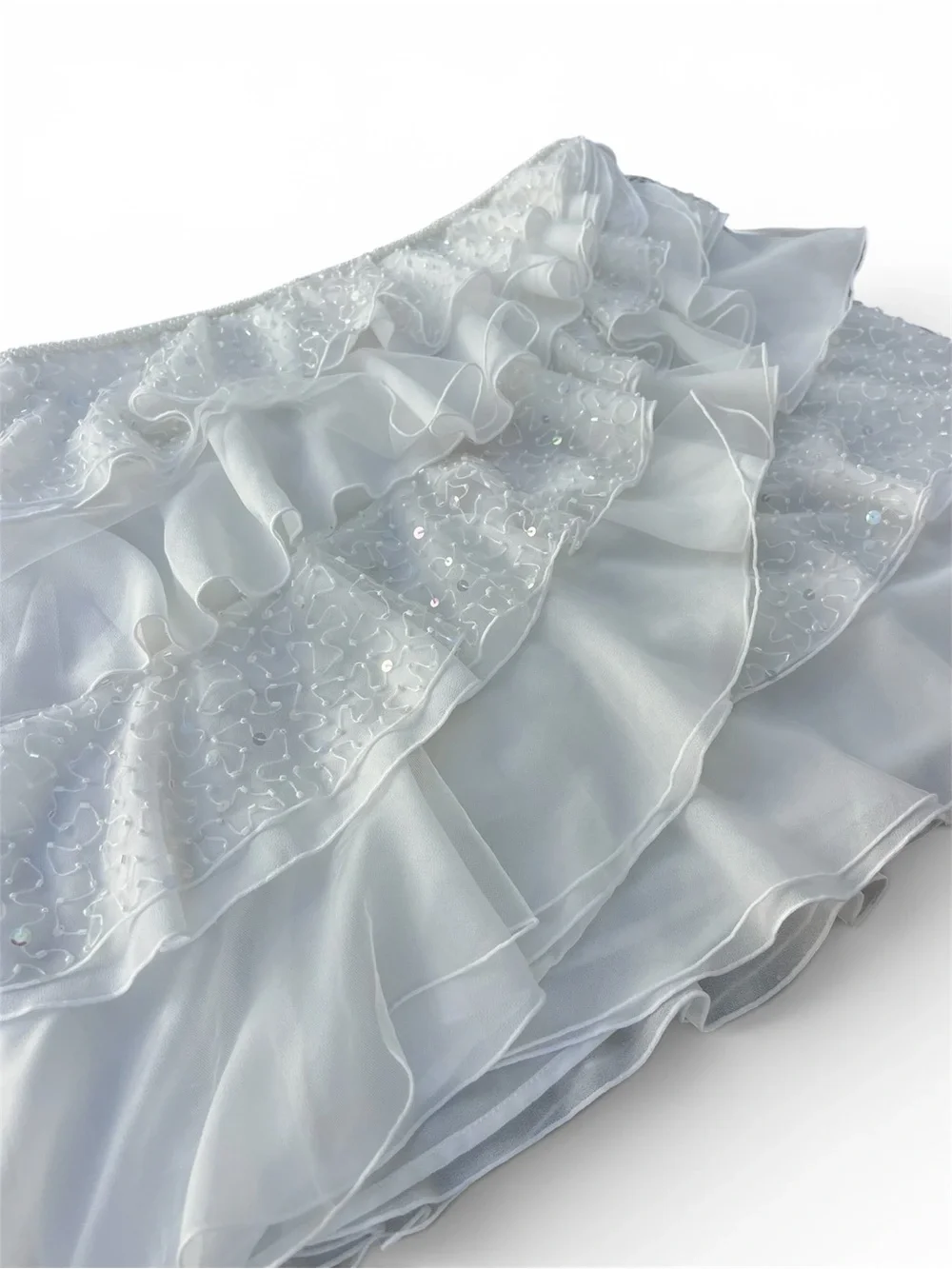 NWT Dyspnea Petalè White Hand Beaded Sequin Tiered Ruffle Mini Skirt